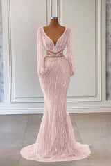 Newinlook Light Green Long Sleeves V-Neck Evening Dress Mermaid With Sequins Beads