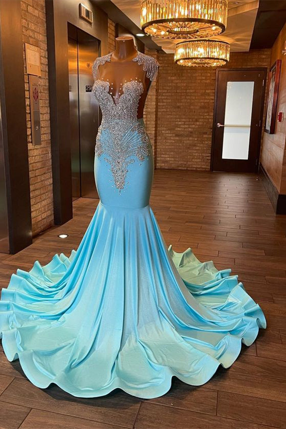 Newinlook Blue Sleeveless Beading Mermaid Evening Dress