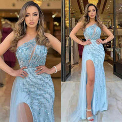 Newinlook Elegant Blue One Shoulder Prom Evening Dress With Split