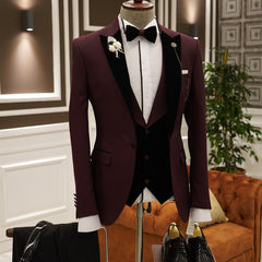 Newinlook Stylish Burgundy Peaked Lapel Evening Suit with Three Pieces