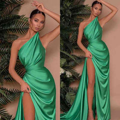 Newinlook Elegant One Shoulder Sleeveless Mermaid Front Split Evening Dress Green