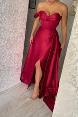 Newinlook Classic One Shoulder Slit Strapless Sweetheart Evening Dress With Ruffle