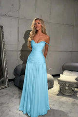 Off the Shoulder Sleeveless Long Formal Dress With Pleated Sequins