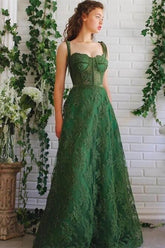 Newinlook Green Emerald Spaghetti-Straps Evening Dress With Appliques A-Line Strapless