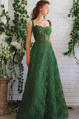 Newinlook Green Emerald Spaghetti-Straps Evening Dress With Appliques A-Line Strapless