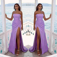 Newinlook Strapless Slit Purple Long Mermaid Evening Dress With Chic Pleats