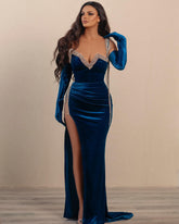 Newinlook Blue Velvet Elegant Split Sequins Evening Dress With Gloves