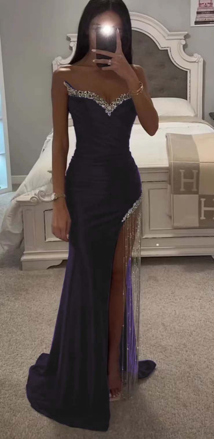 Strapless Sleeveless Long Mermaid Formal Dress With Split Tassel Beading –  Newinlook