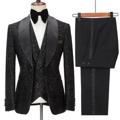 Newinlook Popular Black Three-Piece Groomsmen Tuxedo with Sparkly Shawl Lapel