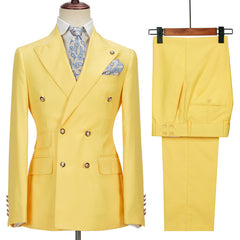 Newinlook Fashionable Yellow Double-Breasted Casual Prom Suit with Peaked Lapel for Men