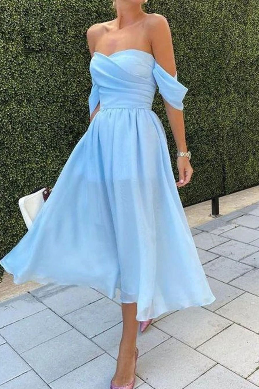 Newinlook Baby Blue Short Evening Dress With Strapless Off-The-Shoulder
