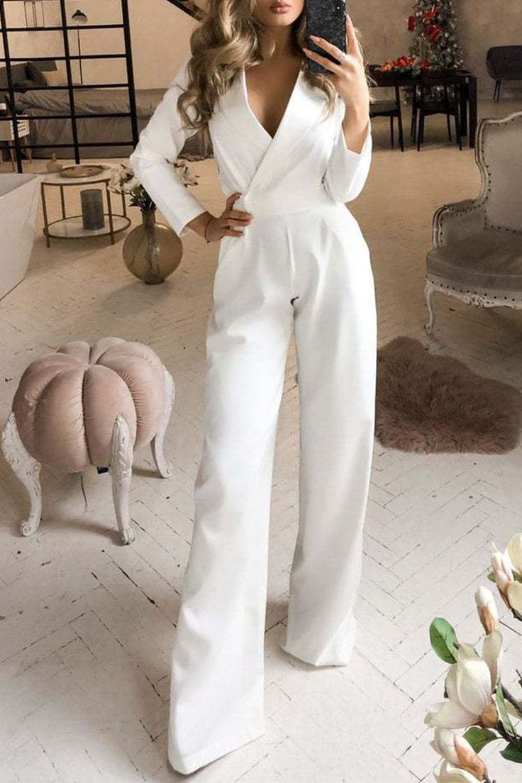 Newinlook Elegant White Long V-Neck Daily Jump Suit With Sleeves