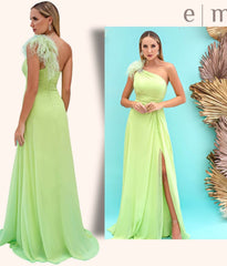 Newinlook Front Split Mermaid One Shoulder Evening Dress With Feather Light Green