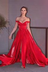 Newinlook Red Off-The-Shoulder Split Long Evening Dress