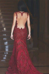 Newinlook Burgundy Mermaid Lace Appliques Evening Dress