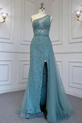 Newinlook Elegant Beadings One Shoulder Tulle Evening Dress With Slit Rhinestone