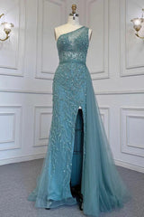 Newinlook Elegant Beadings One Shoulder Tulle Evening Dress With Slit Rhinestone