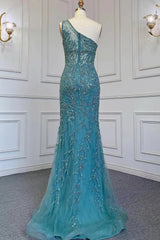 Newinlook Elegant Beadings One Shoulder Tulle Evening Dress With Slit Rhinestone