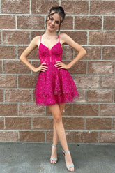 Hot Pink A-Line Sequin Lace Short Homecoming Dress