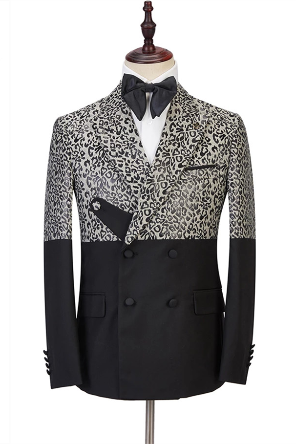 Newinlook Stylish Black Leopard Print Double-Breasted Outfit for Men