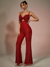 Newinlook Fashion Red Sequins Bow Neck Party Jump Suit