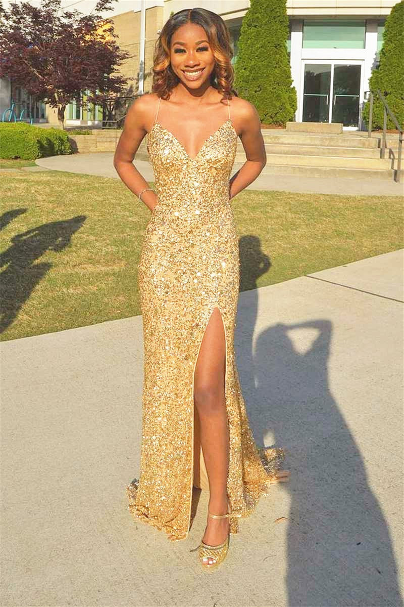 Newinlook Gorgeous Gold Sweetheart Spaghetti Straps Slit Mermaid Evening Dress With Sequins