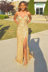 Newinlook Gorgeous Gold Sweetheart Spaghetti Straps Slit Mermaid Evening Dress With Sequins