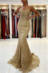 Newinlook Gold Appliques Long Mermaid Evening Dress