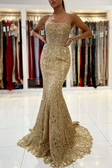 Newinlook Gold Appliques Long Mermaid Evening Dress