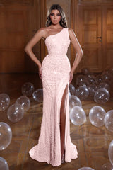 Newinlook One Shoulder Pink Pearl Sequins Mermaid Evening Dress With Beads Split