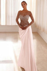 Jewel Neck Long Sleeves Long Mermaid Formal Dress With Pleated