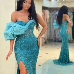 Newinlook Gorgeous One Shoulder Mermaid Split Evening Dress With Sequins Sweetheart Off-The-Shoulder