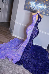 Newinlook Double Color Sleeveless Halter Backless Mermaid Evening Dress