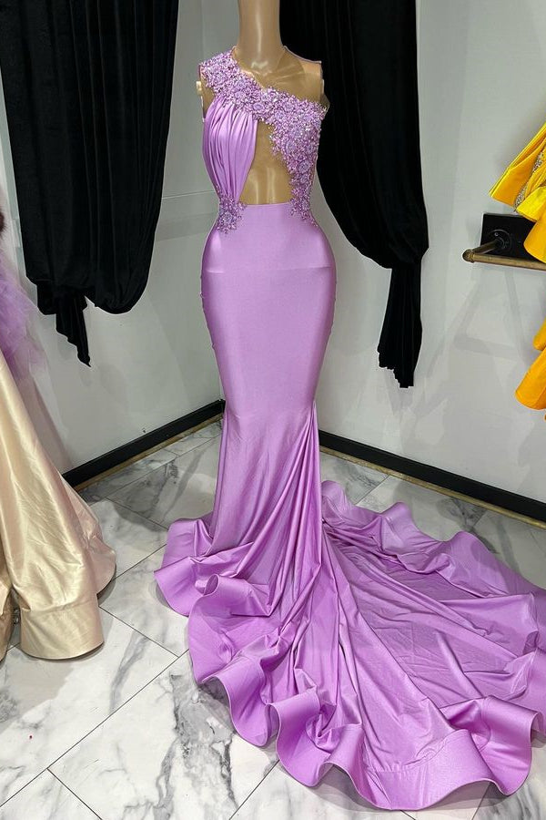 Newinlook Elegant One Shoulder Sleeveless Appliques Mermaid Purple Evening Dress