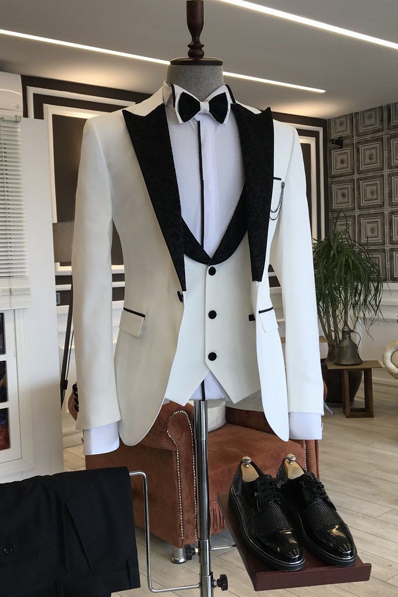 Newinlook Fashionable White Three-Piece Party Evening Suit with Black Peaked Lapel