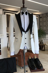 Newinlook Fashionable White Three-Piece Party Evening Suit with Black Peaked Lapel