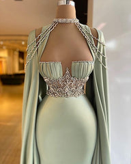 Newinlook Elegant Straps Square Sage Green Mermaid Evening Dress With Beads