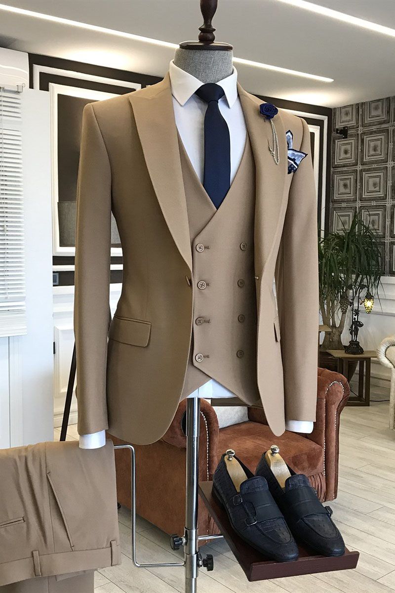 Newinlook Simple Brown Three-Piece Wedding Suit with Peaked Lapel