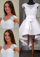 Elastic Satin A-Line/Princess Bateau Asymmetrical Homecoming Dress with Lace