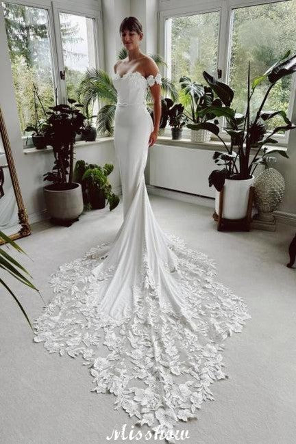 Classy Long White Mermaid Off-the-Shoulder Graceful Lace Wedding Dress with Train