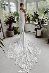 Classy Long White Mermaid Off-the-Shoulder Graceful Lace Wedding Dress with Train