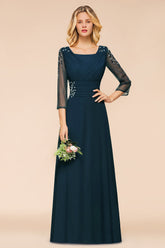 Elegant 3/4 Sleeves Ruffle Navy Chiffon Bridesmaid Dresses with Beadings