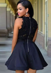 A-Line Bateau Short/Mini Satin Homecoming Dress with Lace