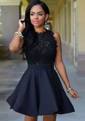A-Line Bateau Short/Mini Satin Homecoming Dress with Lace