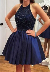 A-Line Halter Sleeveless Short/Mini Satin Homecoming Dress with Beading