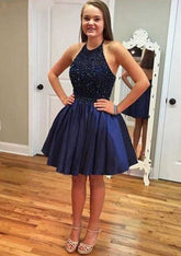 A-Line Halter Sleeveless Short/Mini Satin Homecoming Dress with Beading