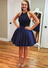 A-Line Halter Sleeveless Short/Mini Satin Homecoming Dress with Beading