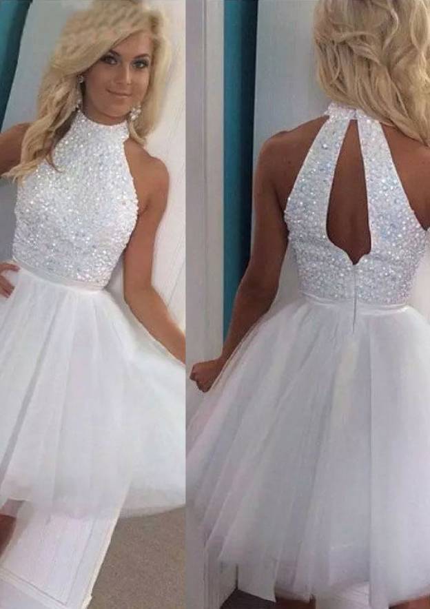 A-Line Halter Sleeveless Tulle Homecoming Dress with Beading