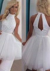 A-Line Halter Sleeveless Tulle Homecoming Dress with Beading