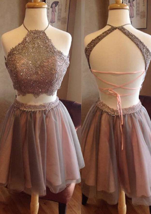 A-Line Halter Tulle Homecoming Dress with Lace